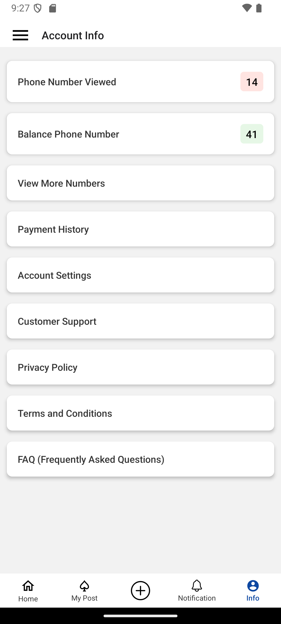Account info screen of MaidChamp