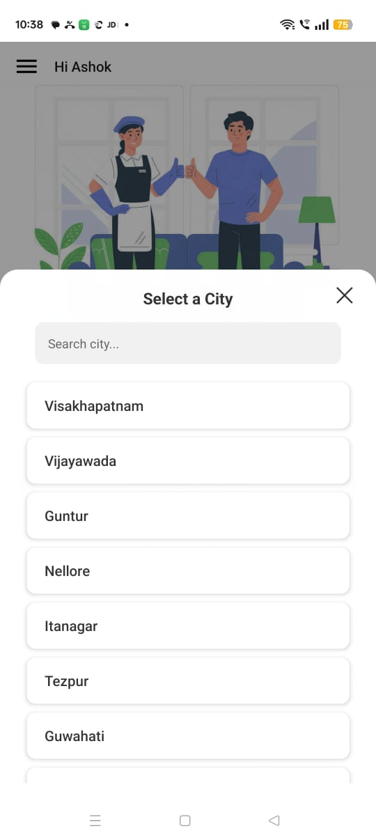 Search by city screen of MaidChamp