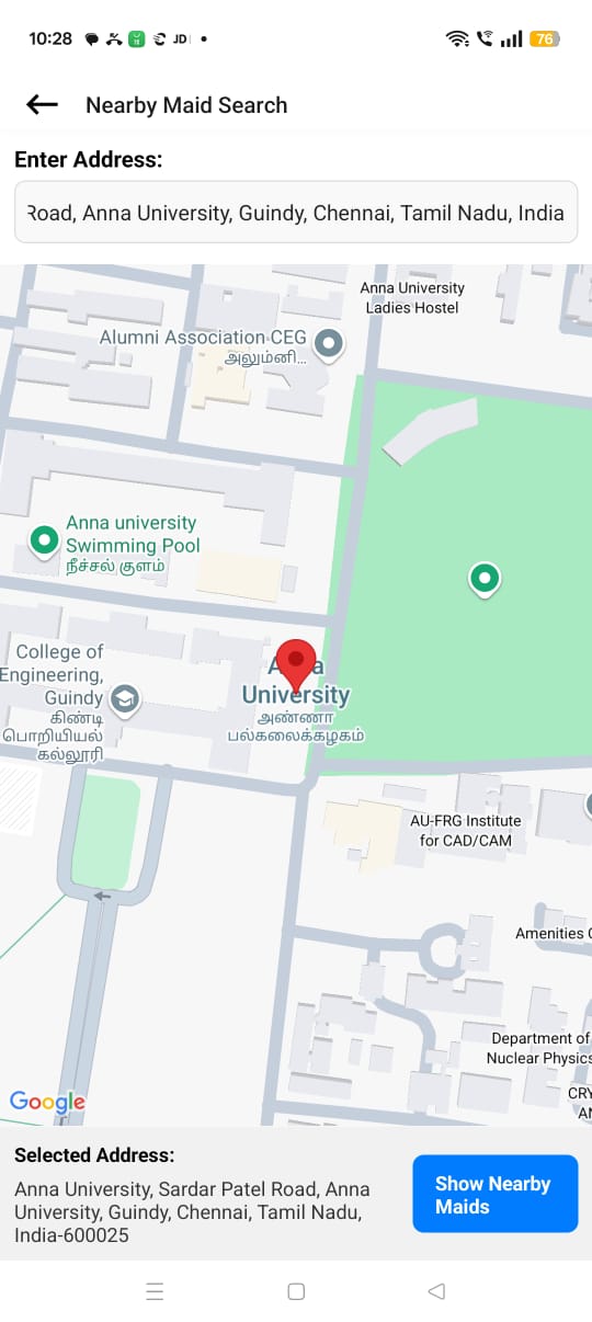 Search by location screen of MaidChamp