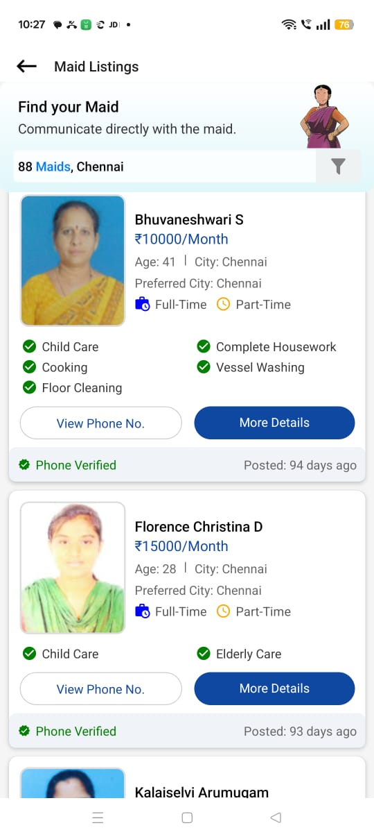 Maid List screen of MaidChamp