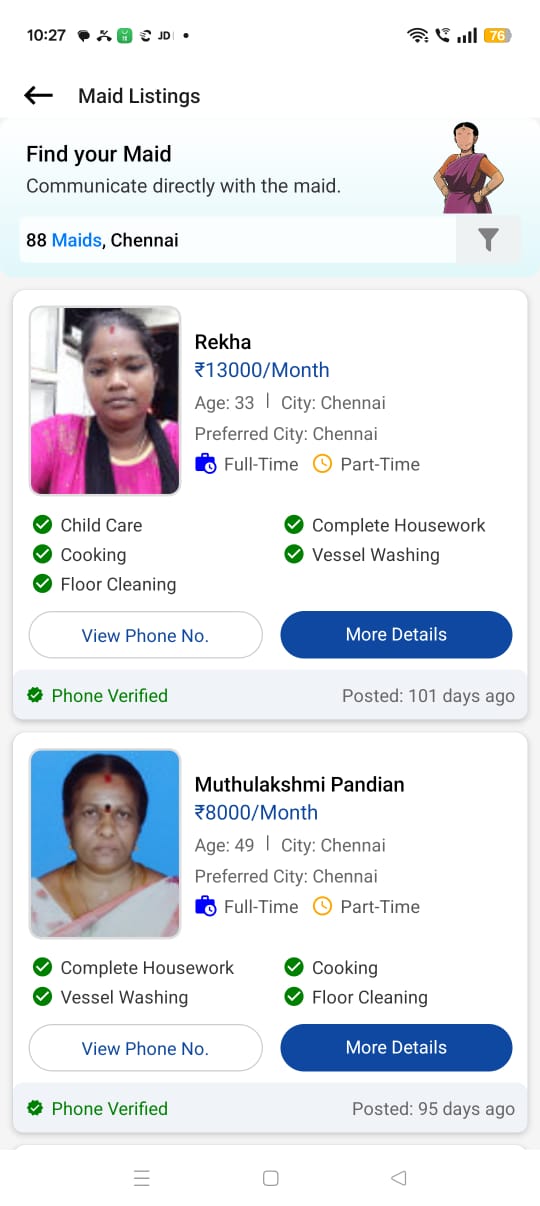 Maid List screen of MaidChamp