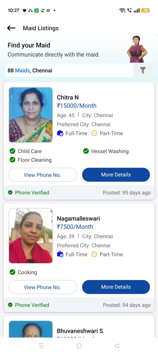Maid List screen of MaidChamp