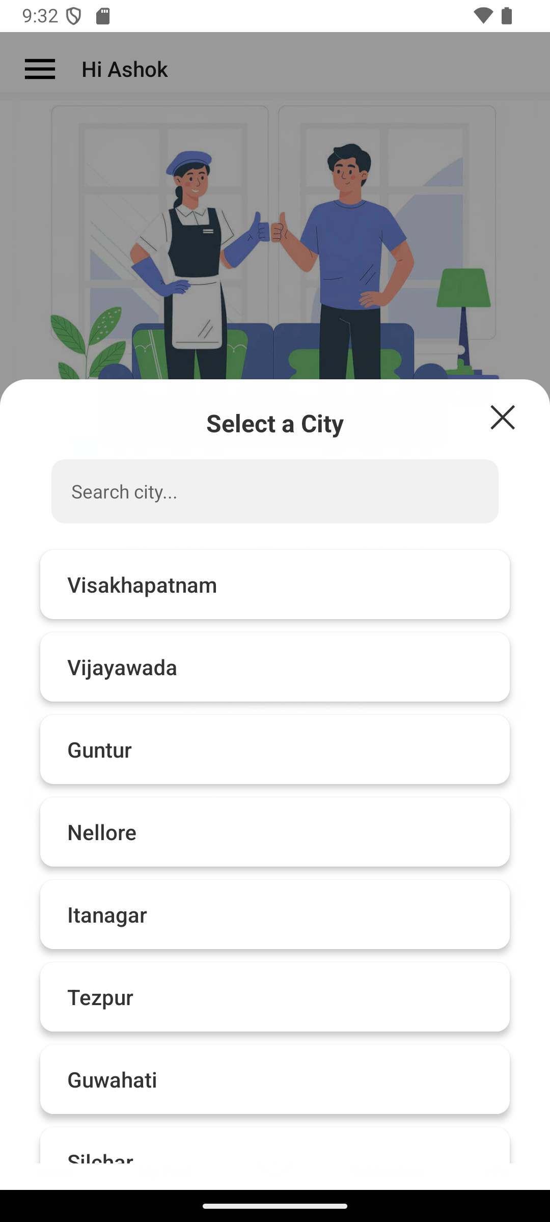 Search by city screen of MaidChamp