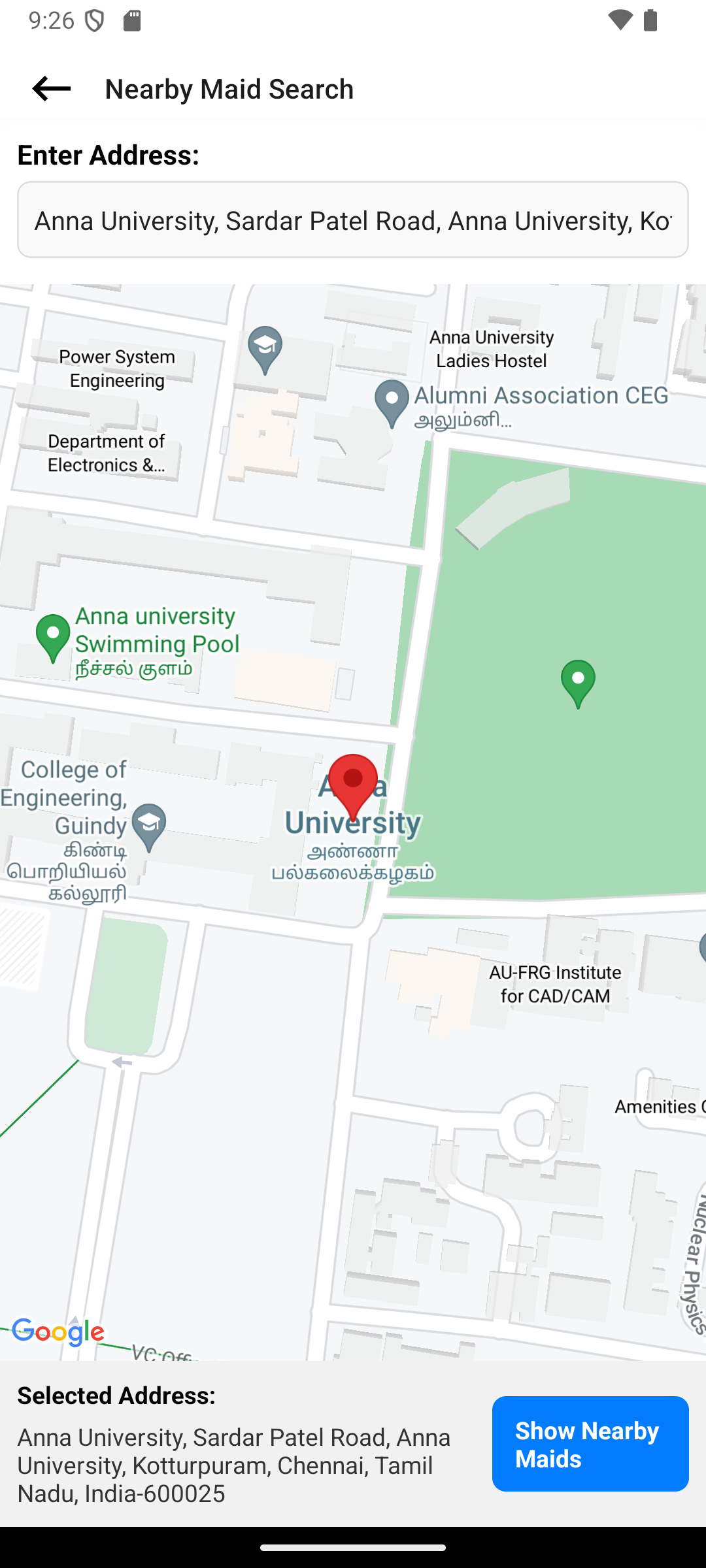 Search by location screen of MaidChamp